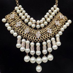 Beautiful Goldtone Bib Mesh Pearl Bling Necklace